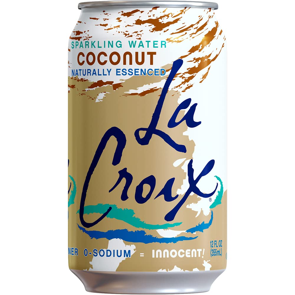 La Croix Coconut pack shot, 12-pack convenience and recyclable cans.