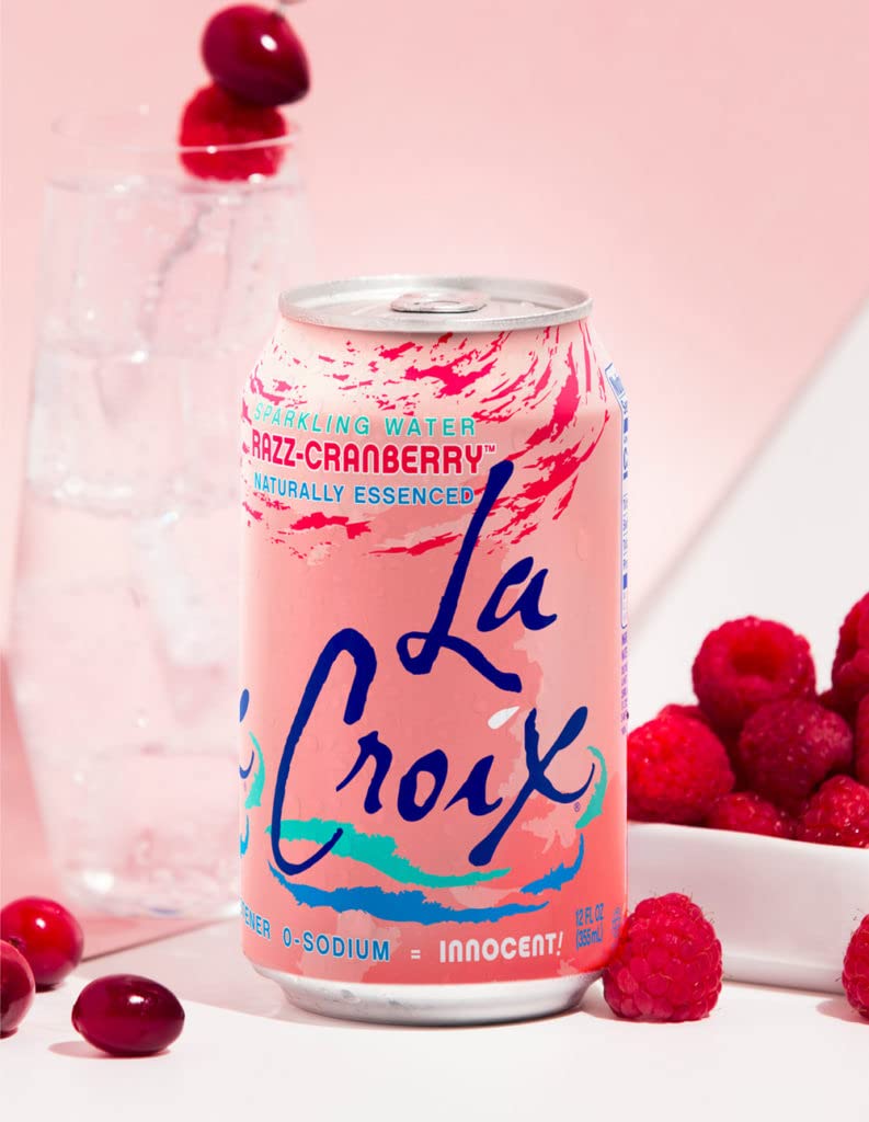 La Croix Cran-Raspberry label close-up emphasizing natural flavors and zero calories.