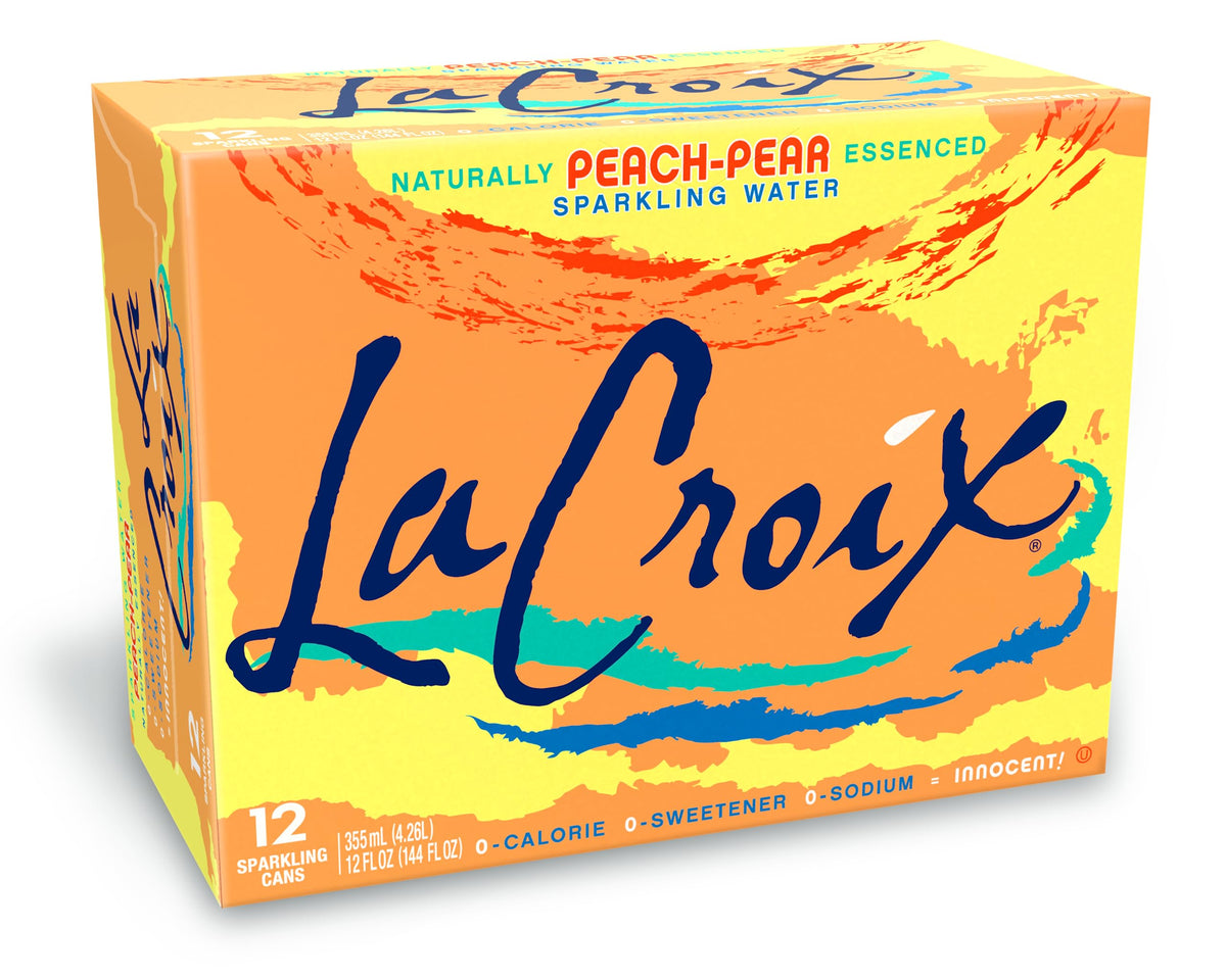 La Croix Peach-Pear can with crisp bubbles for a refreshing zero-calorie option.
