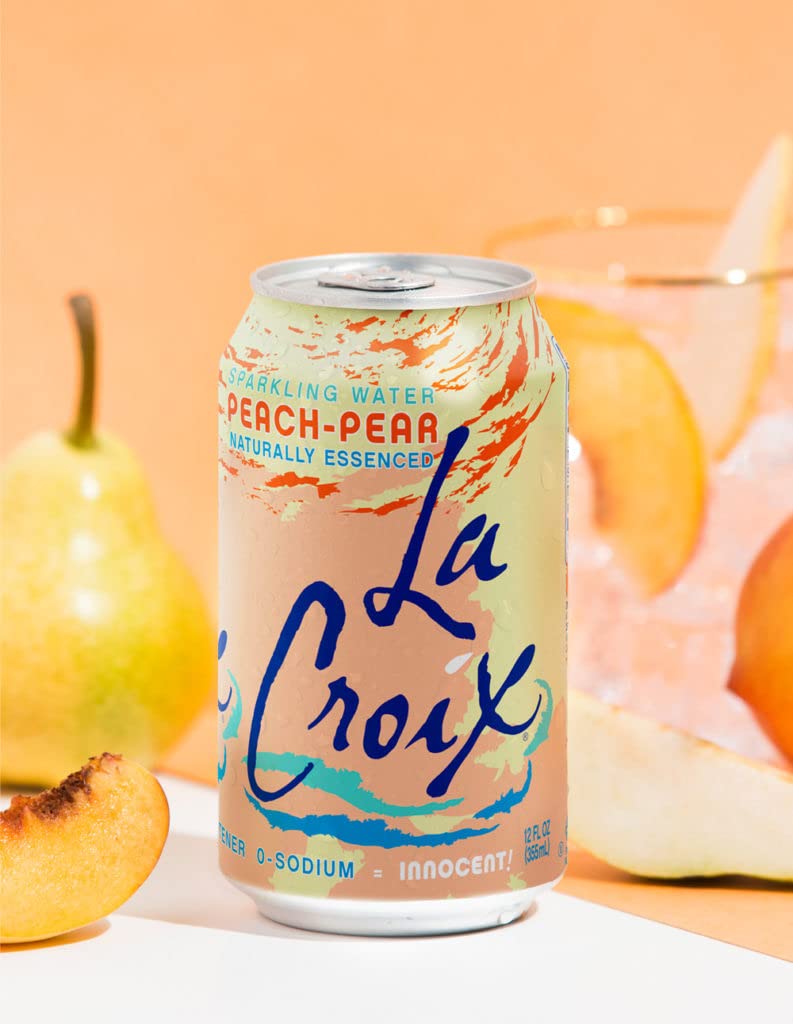 La Croix Peach-Pear chilled can in fridge display for convenient refreshment.