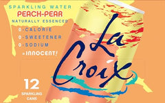 La Croix Peach-Pear label detail highlighting flavor origin from natural essences.