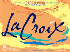 La Croix Peach-Pear pack front showing recyclable can design for eco-conscious shoppers.