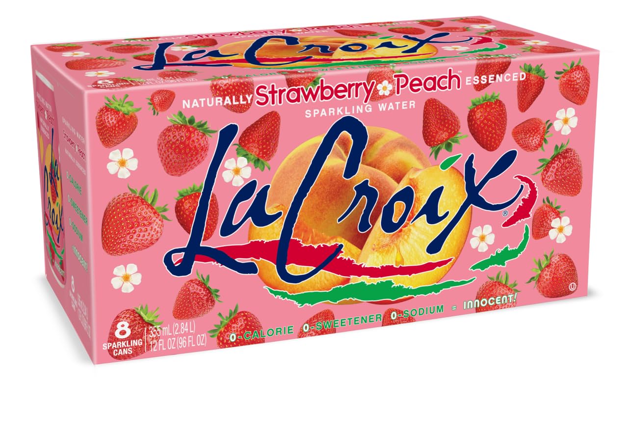 La Croix Strawberry Peach sparkling water bottle with crisp, refreshing flavor.