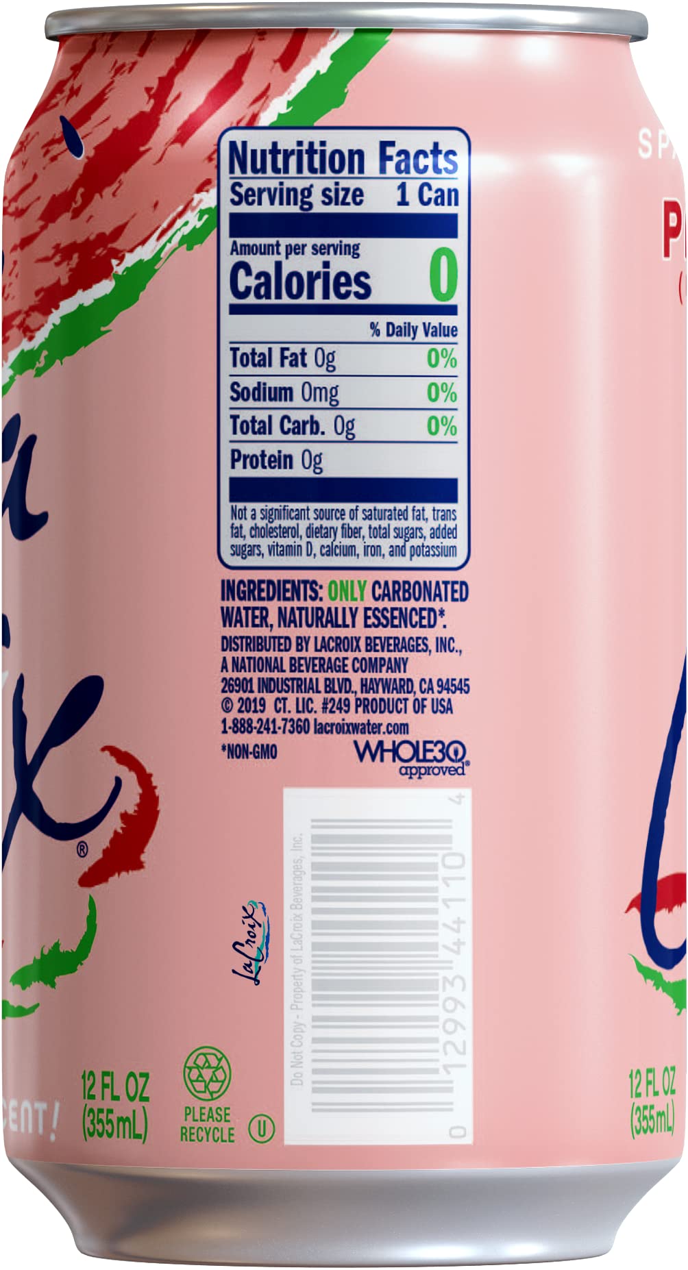 La Croix Watermelon Sparkling Water in a glass with ice highlighting natural essence aroma