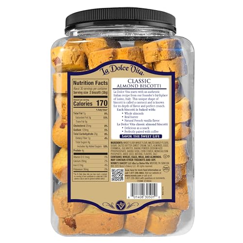 La Dolce Vita almond biscotti with visible almonds, ideal for dunking with espresso or tea.
