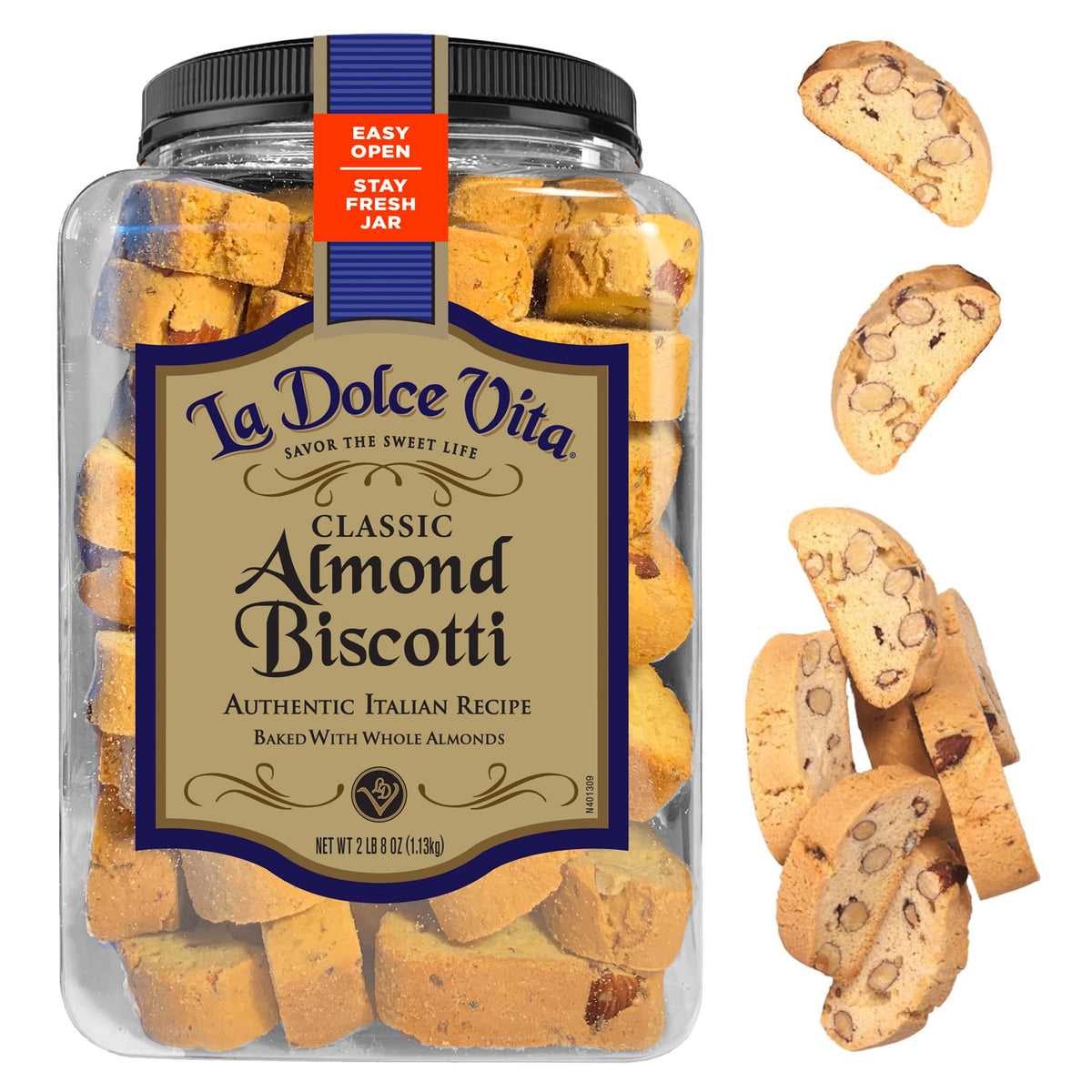 La Dolce Vita biscotti jar closeup emphasizing crisp texture and stay-fresh packaging for coffee moments.