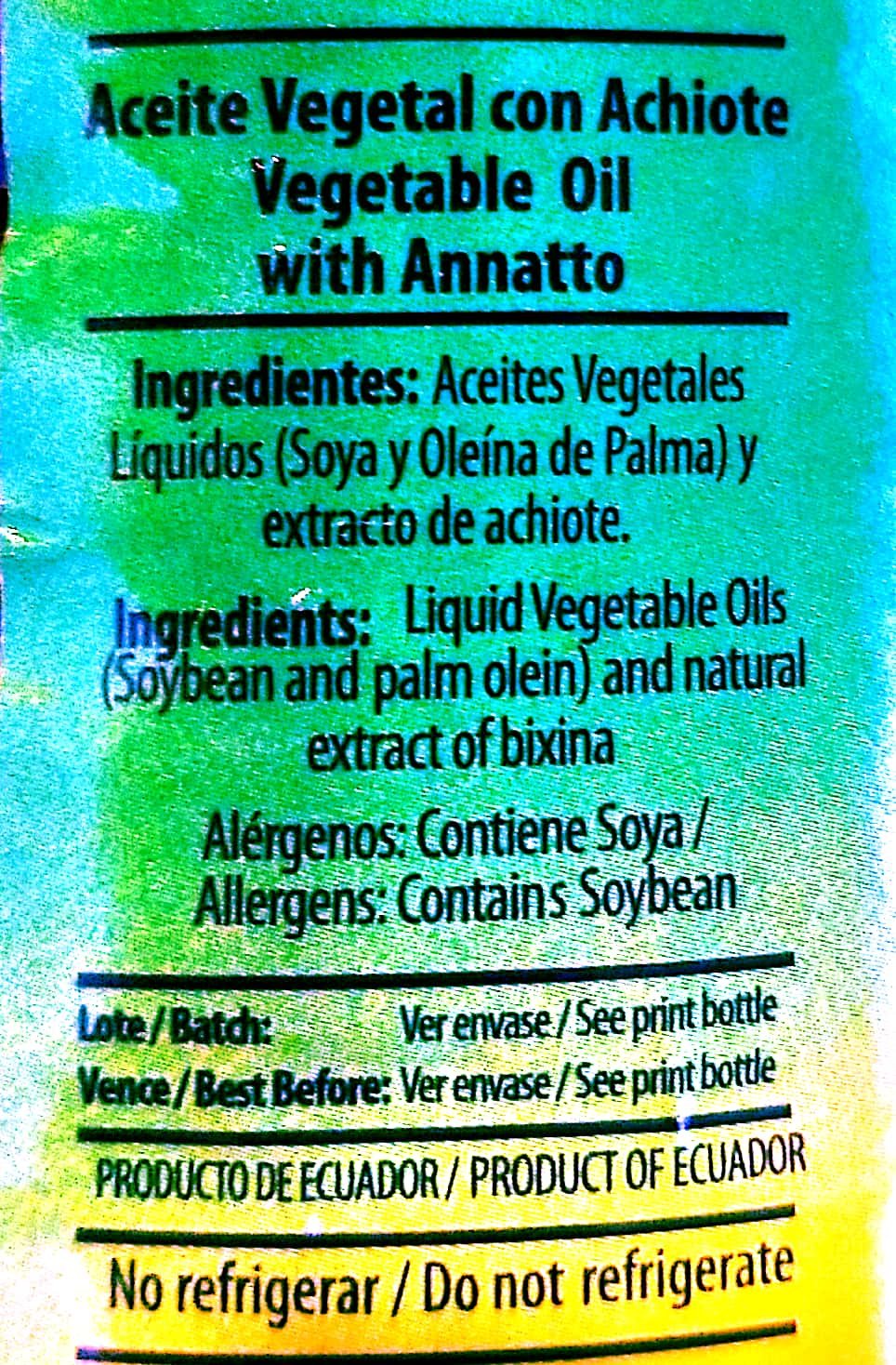 La Favorita Annatto Oil label highlights bixina colorant and carotene content.