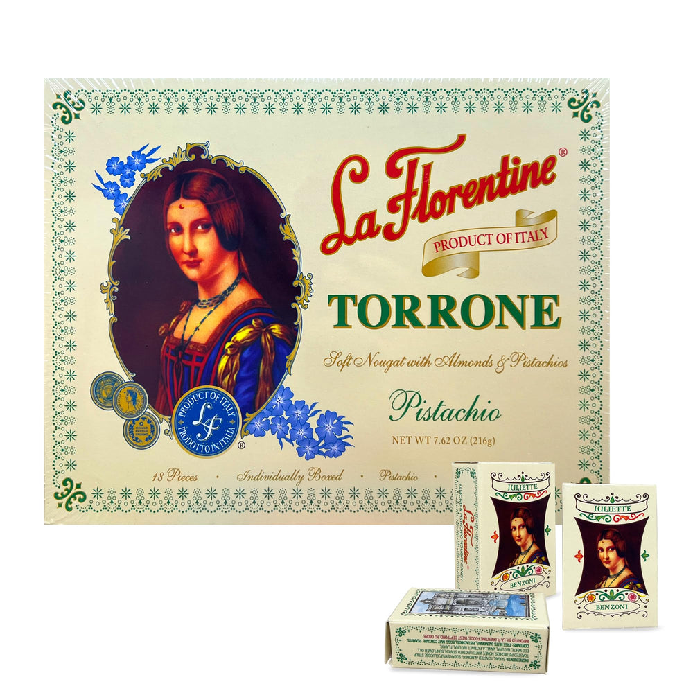 La Florentine Pistachio Torrone gift packaging, elegant Italian treat option.