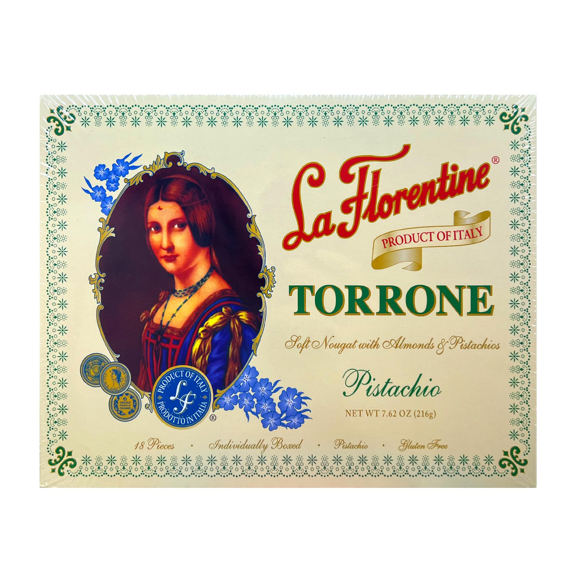 La Florentine Pistachio Torrone wedge close-up, gifting-friendly with rich pistachio aroma.