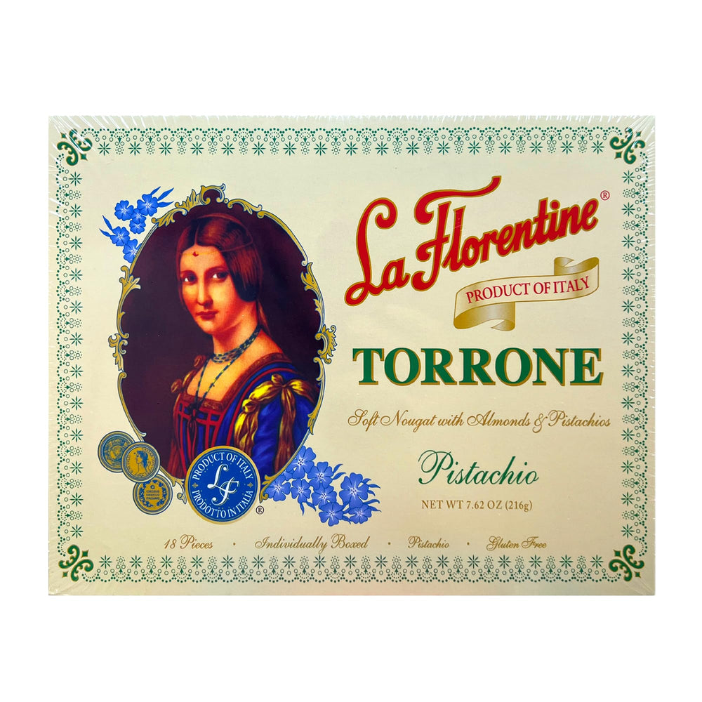 La Florentine Pistachio Torrone wedge close-up, gifting-friendly with rich pistachio aroma.