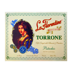 La Florentine Pistachio Torrone wedge close-up, gifting-friendly with rich pistachio aroma.
