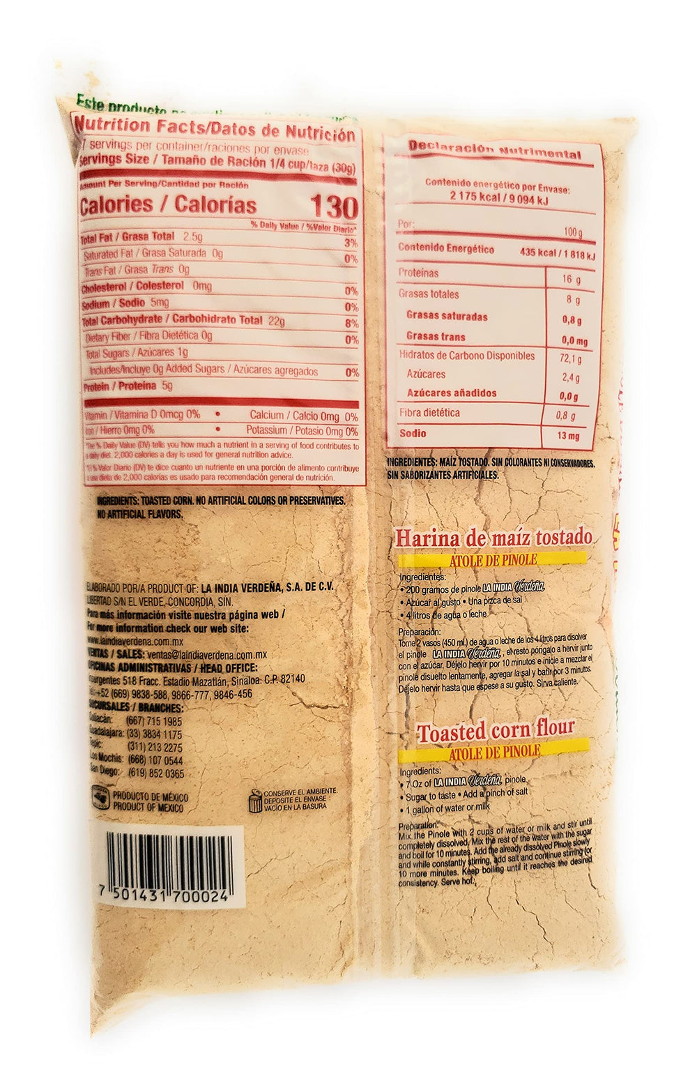 La India Verdena pinole bag opened with scoop for quick, convenient smoothies.