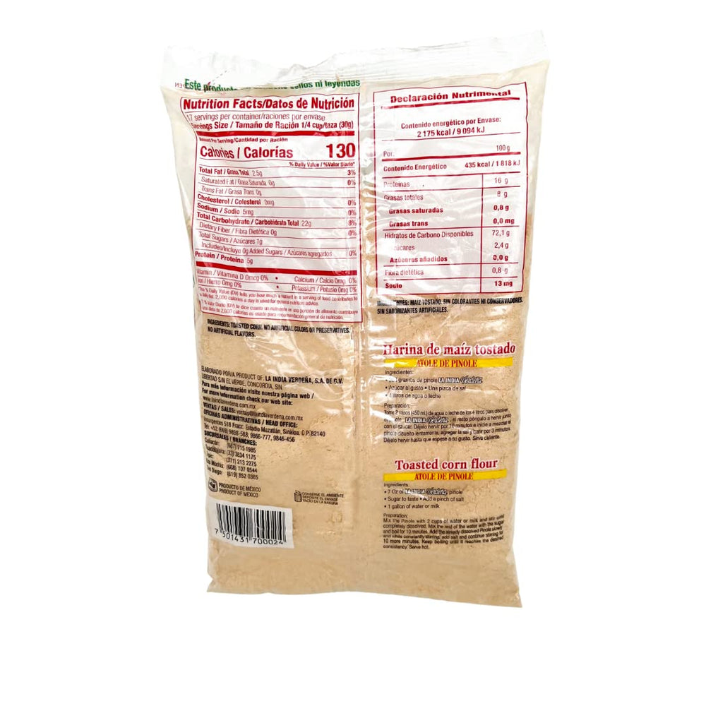 La India Verdena toasted corn pinole in bowl with spoon for a nutty aroma.
