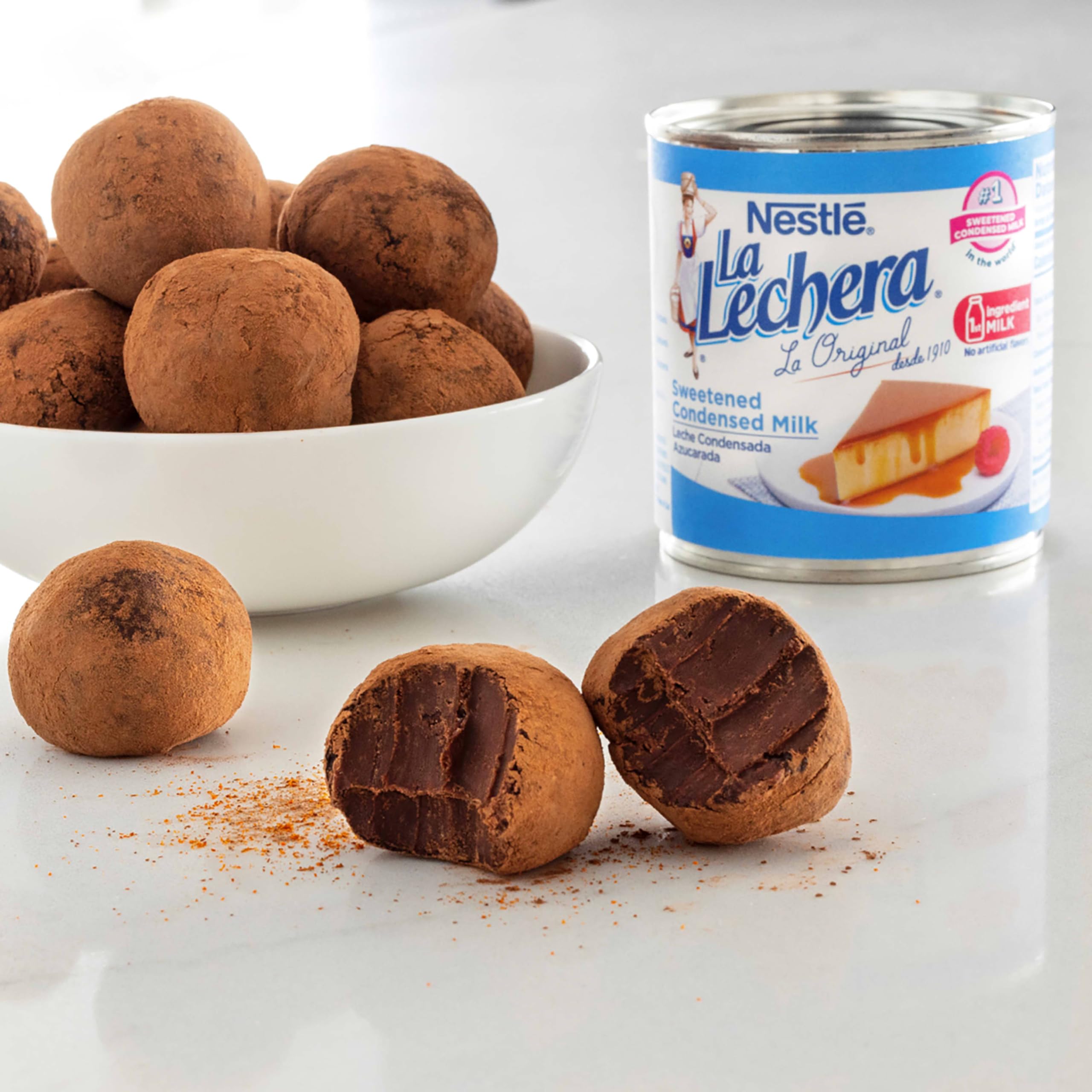 La Lechera sweetened condensed milk can, shelf-stable and ready for anytime use.