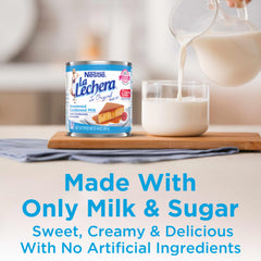 Pouring La Lechera to desserts or coffee adds creamy richness.
