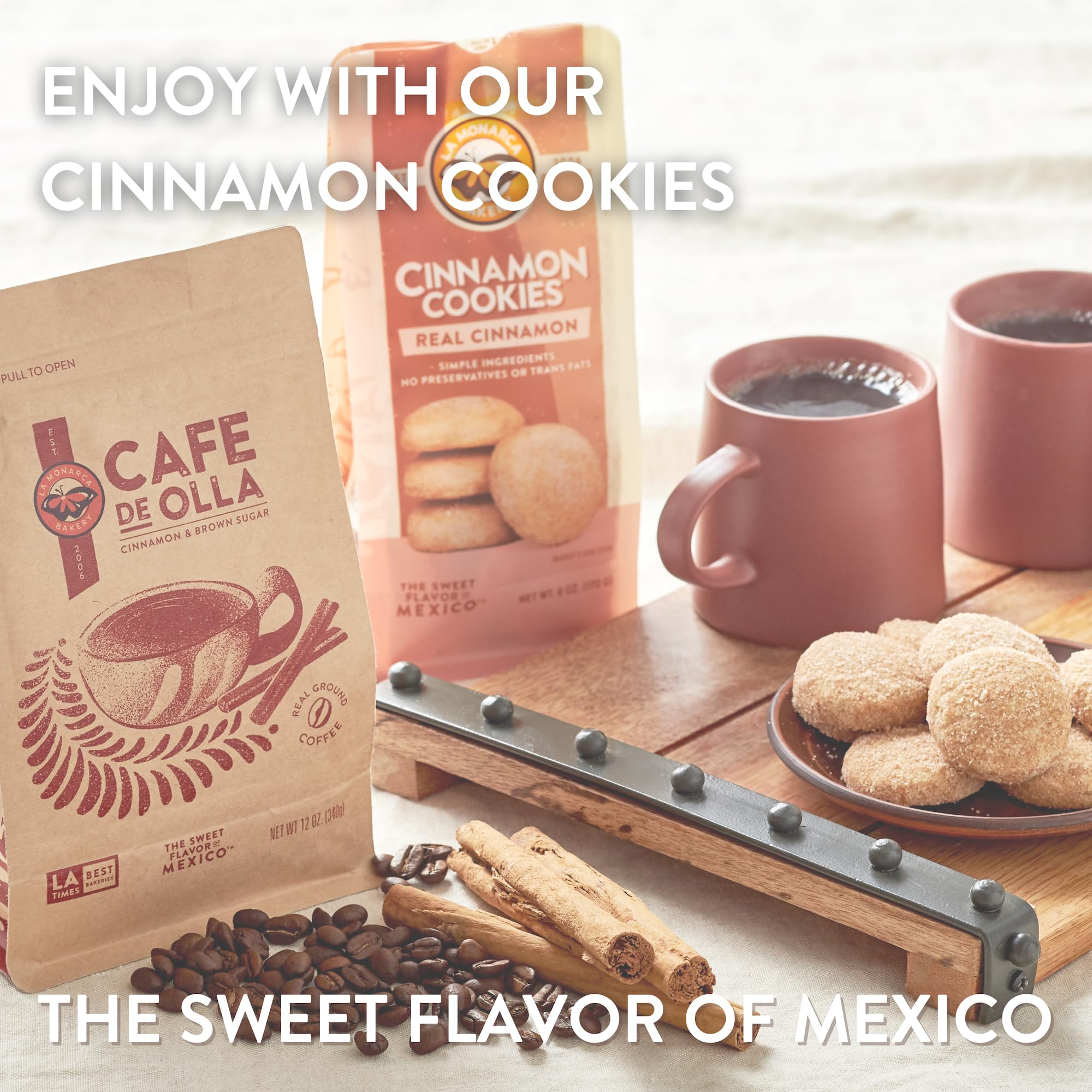 La Monarca Café de Olla steaming mug releasing warm aroma.