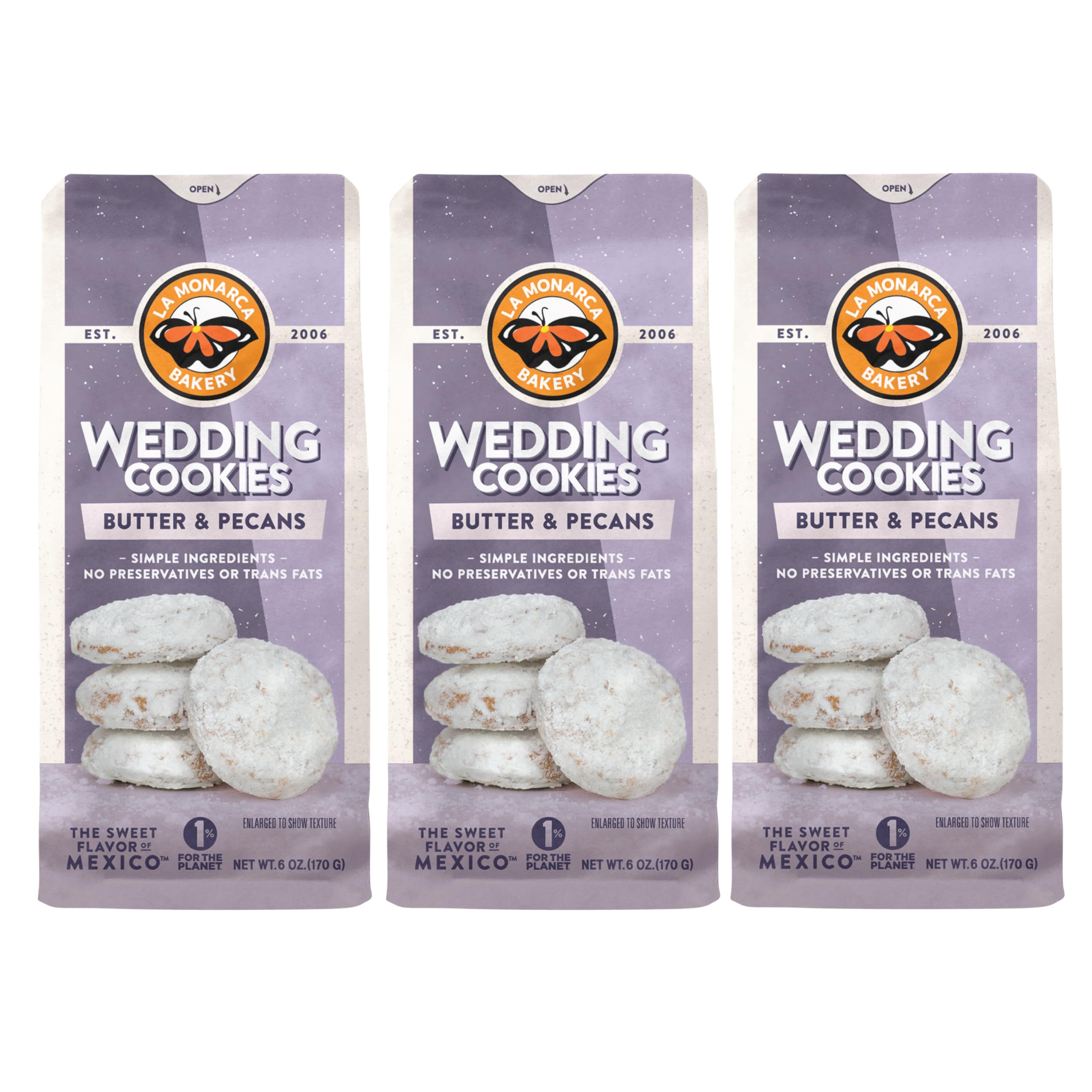 La Monarca Mexican wedding cookies 3-pack on display, ideal for celebrations and gifting