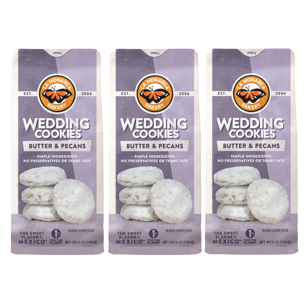 La Monarca Mexican wedding cookies 3-pack on display, ideal for celebrations and gifting