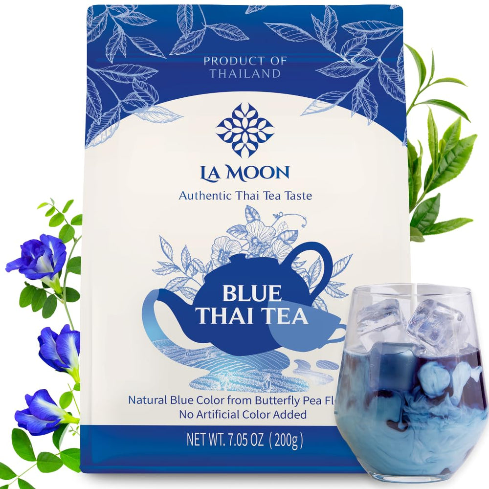 LA MOON TEA Blue Thai Tea mix bottle closeup, natural color for vibrant Thai tea