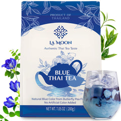 LA MOON TEA Blue Thai Tea mix bottle closeup, natural color for vibrant Thai tea