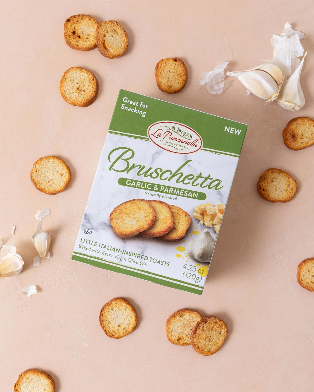 La Panzanella bruschetta garlic parmesan gift-pack on shelf suggests versatile pantry staple.