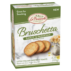 La Panzanella bruschetta garlic parmesan ingredients pack label showcases quality ingredients.