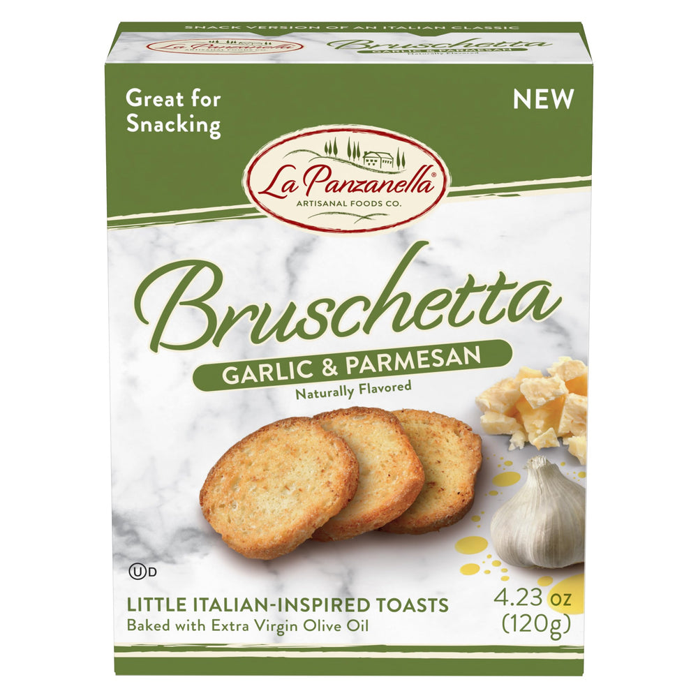 La Panzanella bruschetta garlic parmesan jar close-up highlighting premium flavor for gourmet appetizers.