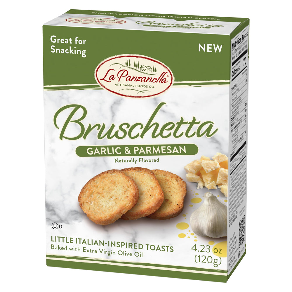 La Panzanella bruschetta garlic parmesan on kitchen counter signals quick meal ideas.