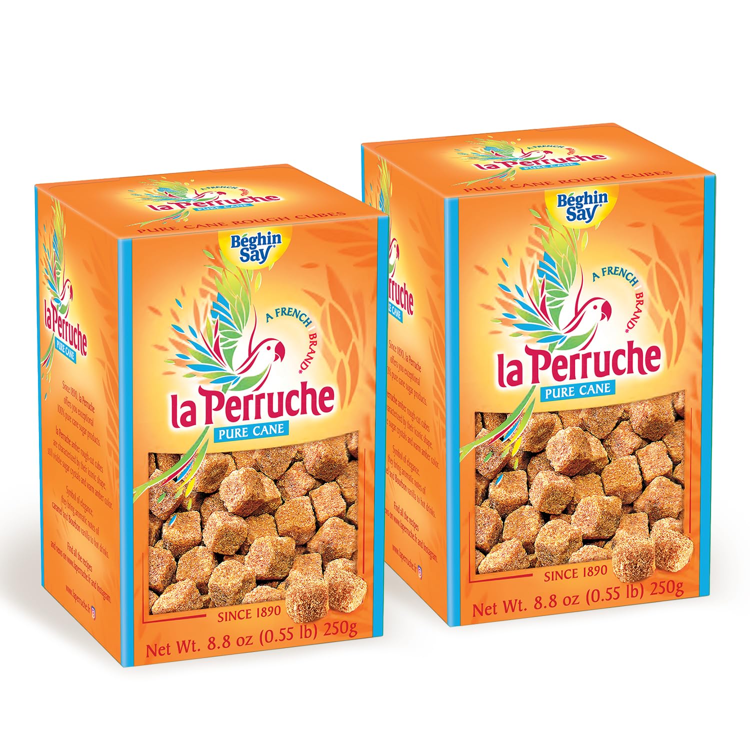 La Perruche brown sugar cubes in a 250g box for measured coffee sweetness.