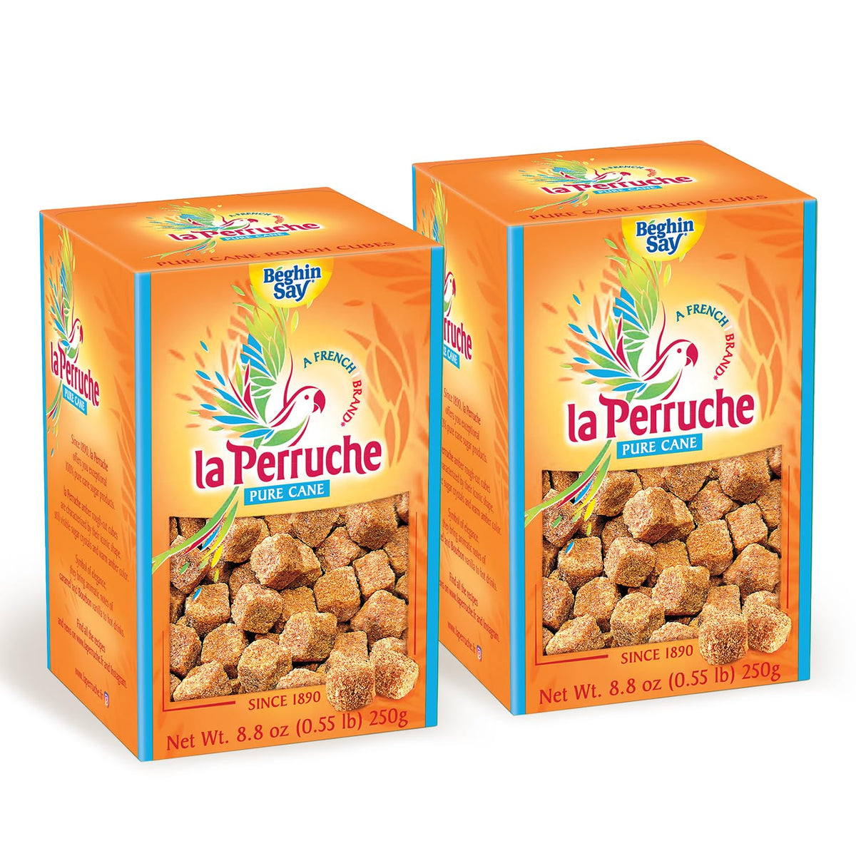 La Perruche brown sugar cubes in a 250g box for measured coffee sweetness.