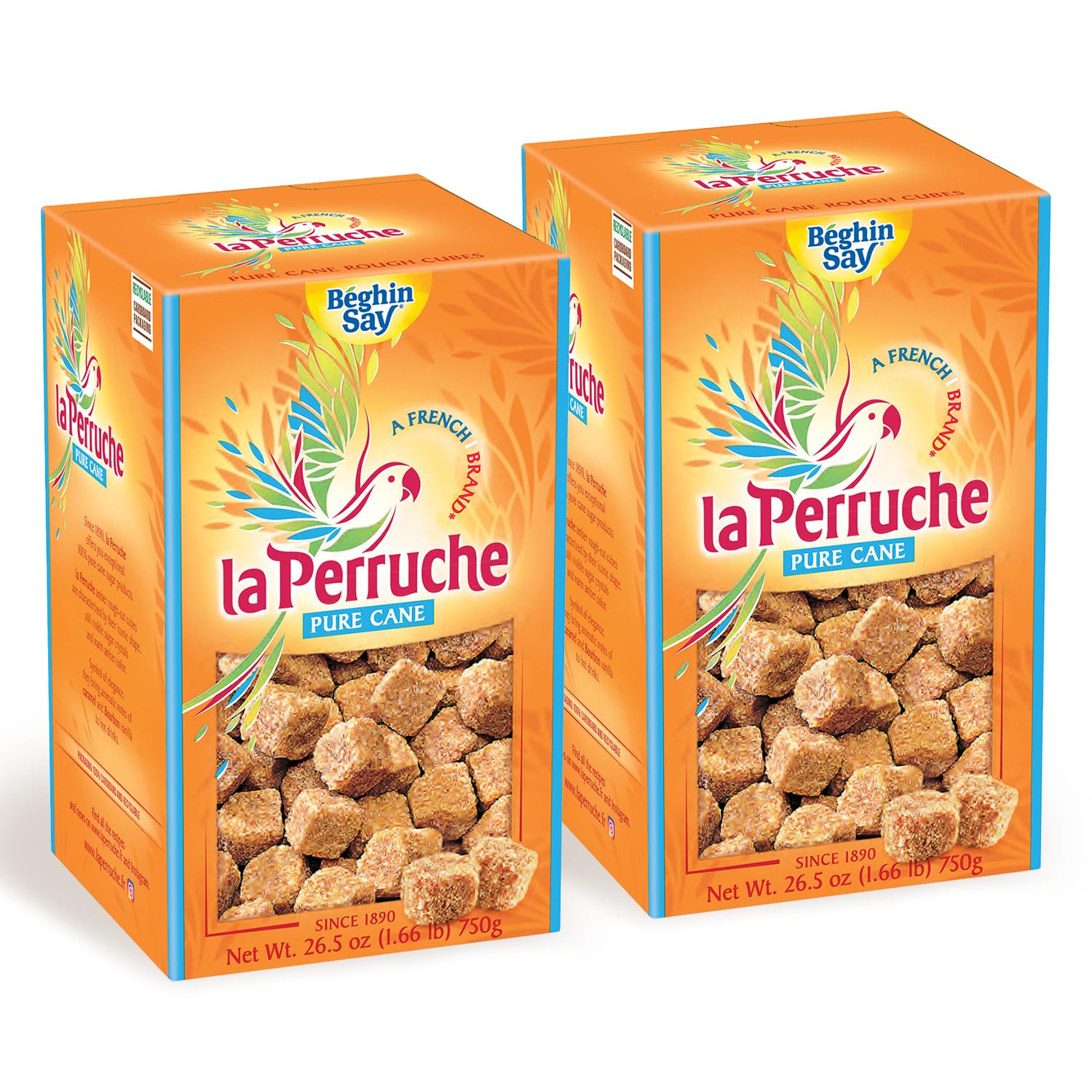 La Perruche brown sugar cubes 750g box front for coffee sweetness