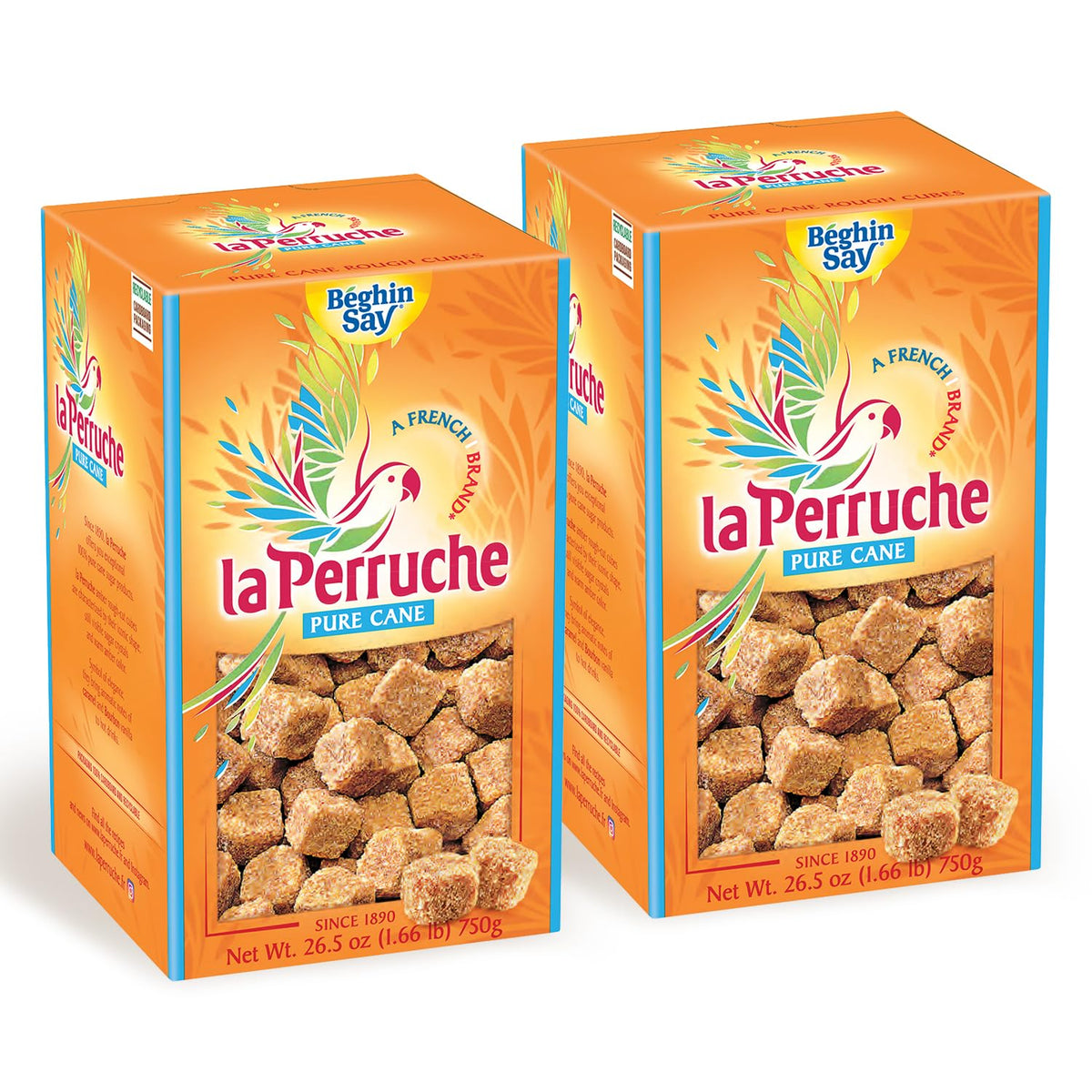 La Perruche brown sugar cubes 750g box front for coffee sweetness