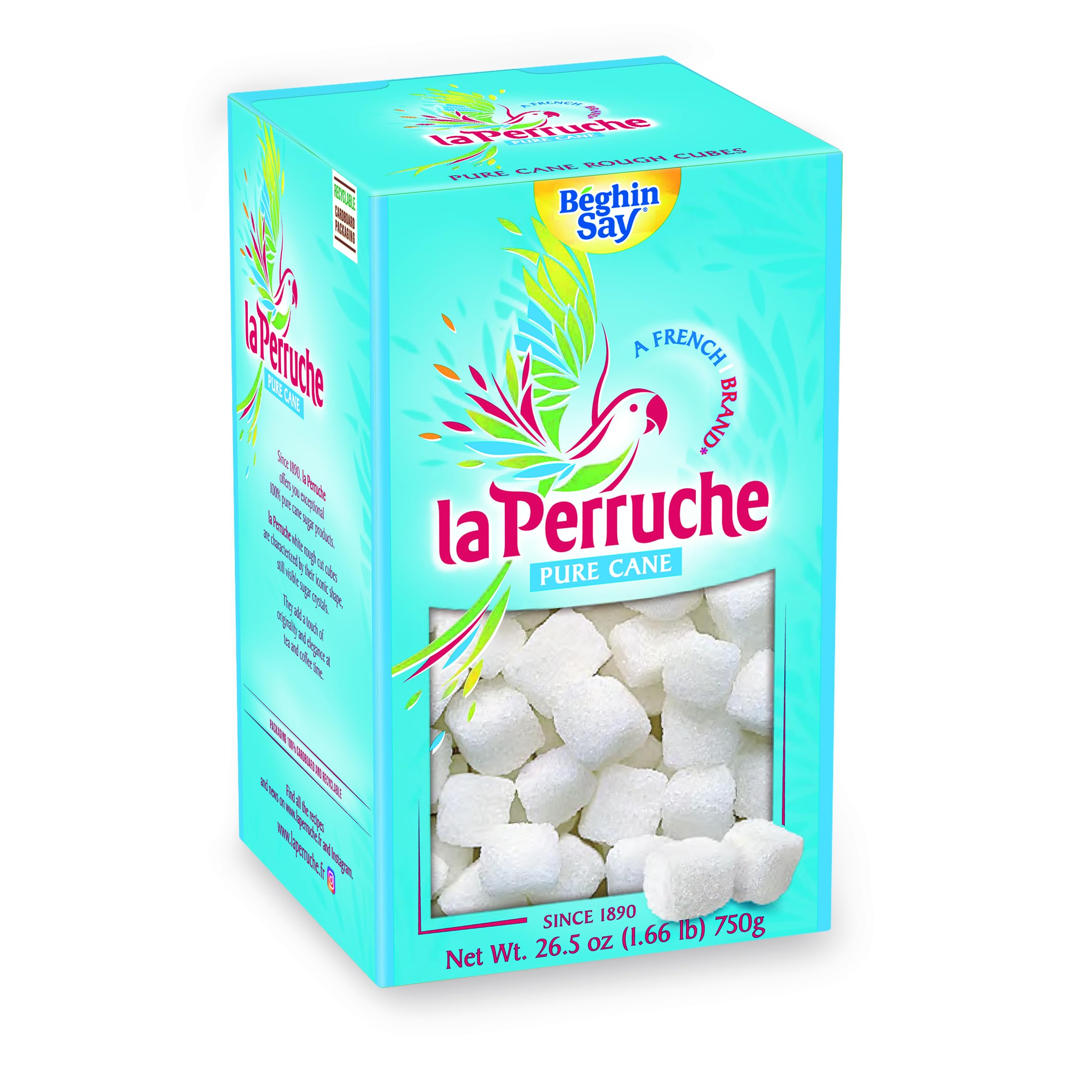 La Perruche white sugar cubes 750g pack on counter for elegant tea service.