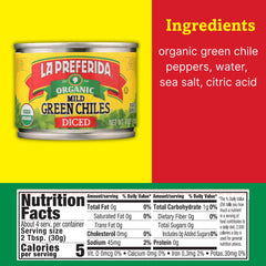 LA PREFERIDA organic diced green chiles close-up for fresh salads and soups