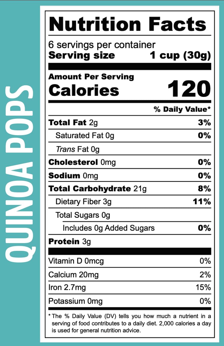 La Purita Quinoa Pops ingredients close-up, 100% quinoa and oil-free.