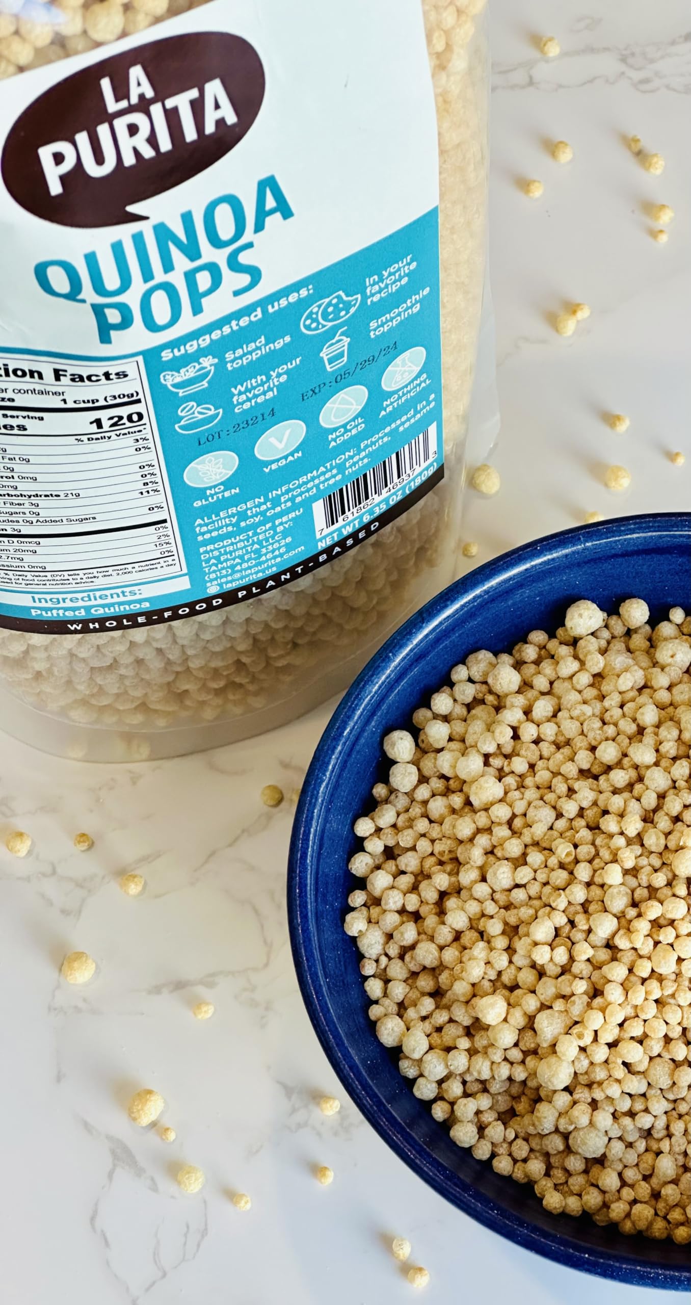 La Purita Quinoa Pops no oil and no artificial ingredients.