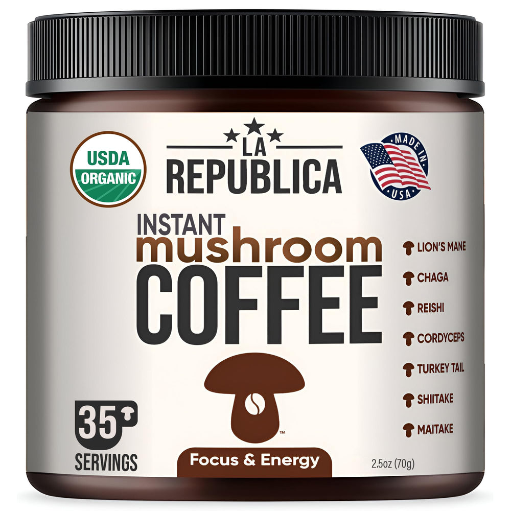 La Republica Instant Mushroom Coffee jar shows organic blend for smooth energy and focus.