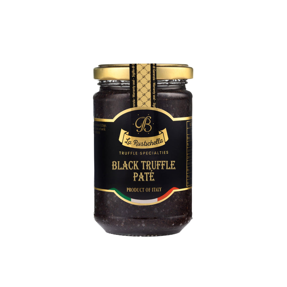 La Rustichella black truffle pâté jar close-up, inviting rich flavor enhancement