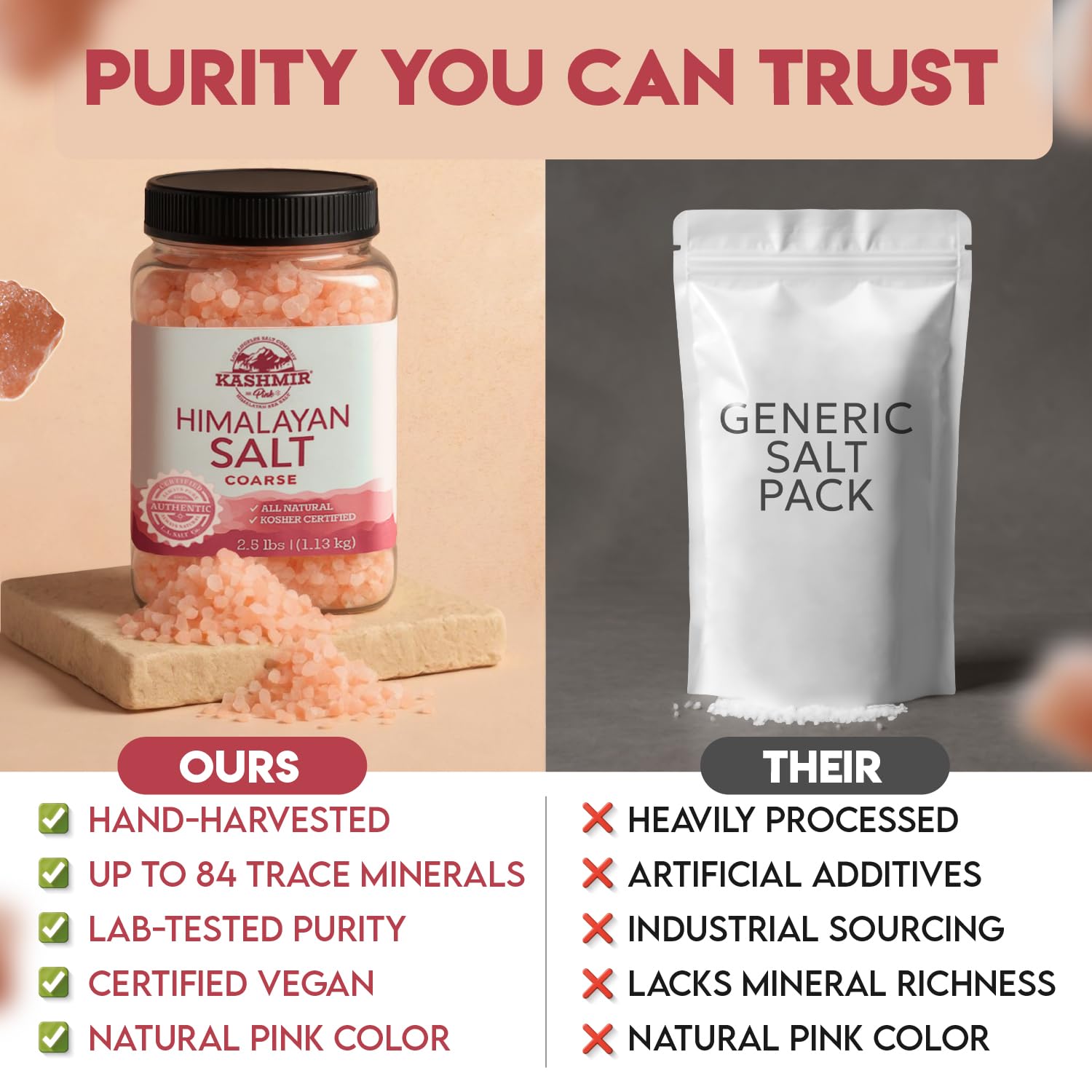 LA SALT CO Kashmir Pink Himalayan salt 84 minerals closeup shows depth of flavor potential.