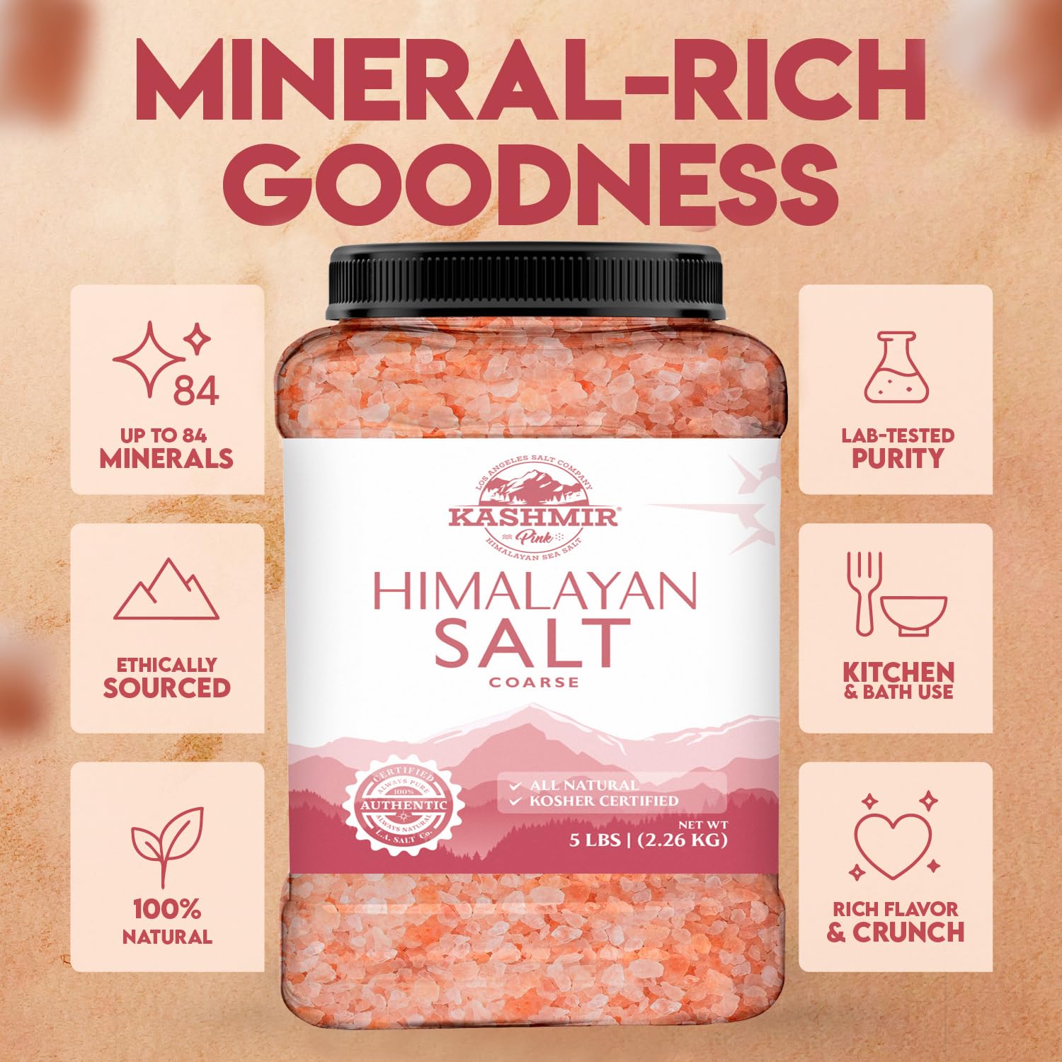 LA SALT CO Kashmir pink salt with 84 trace minerals for mineral-rich flavor.