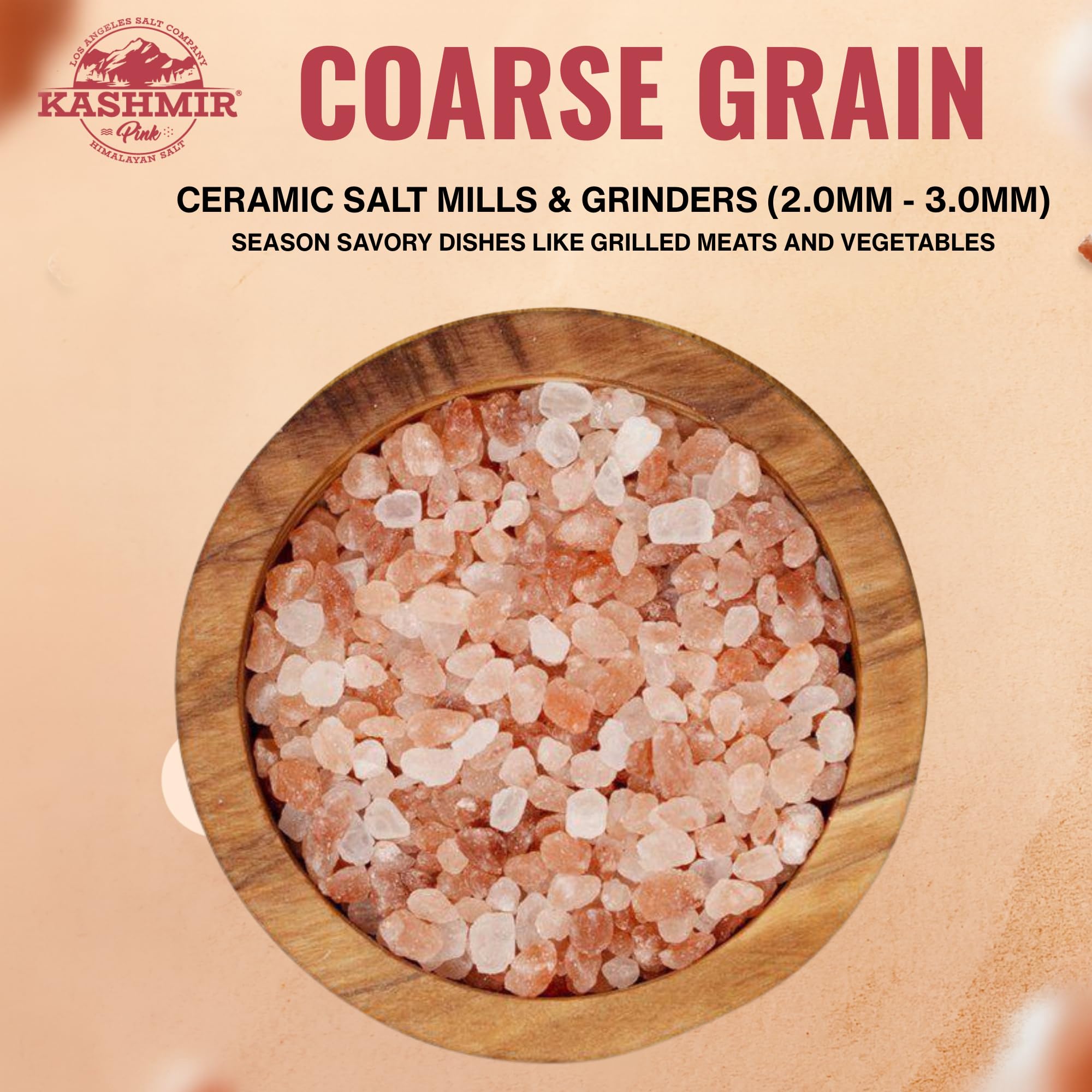 LA SALT CO Kashmir pink salt kosher certified coarse crystals for eggs and vegetables.