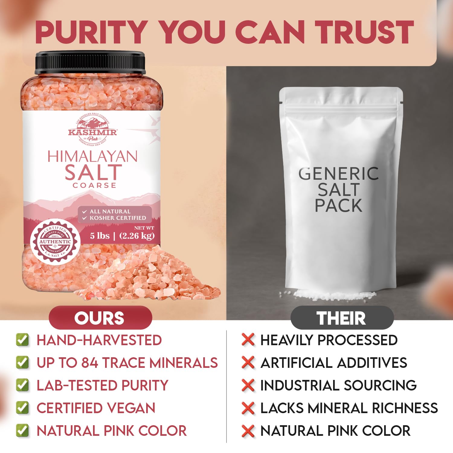 LA SALT CO Kashmir pink salt enhances seafood and vegetables with color.