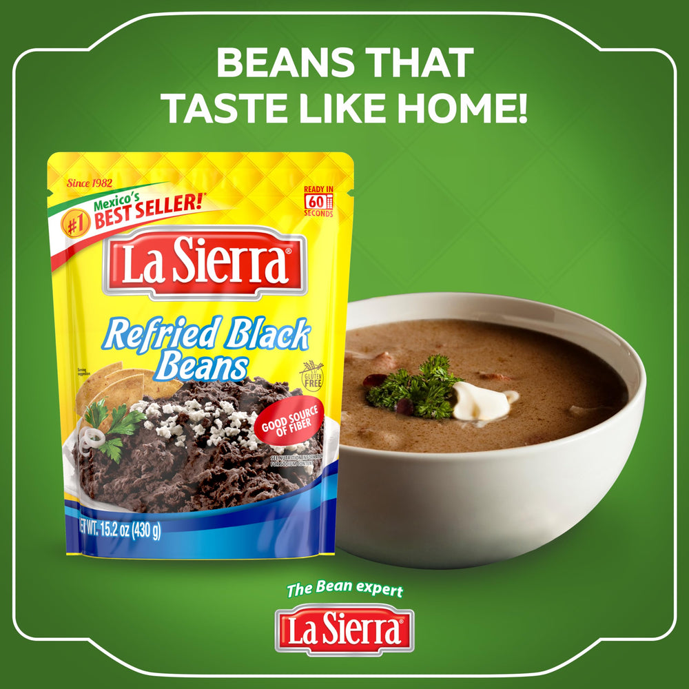 Served La Sierra refried black beans in a bowl with toppings