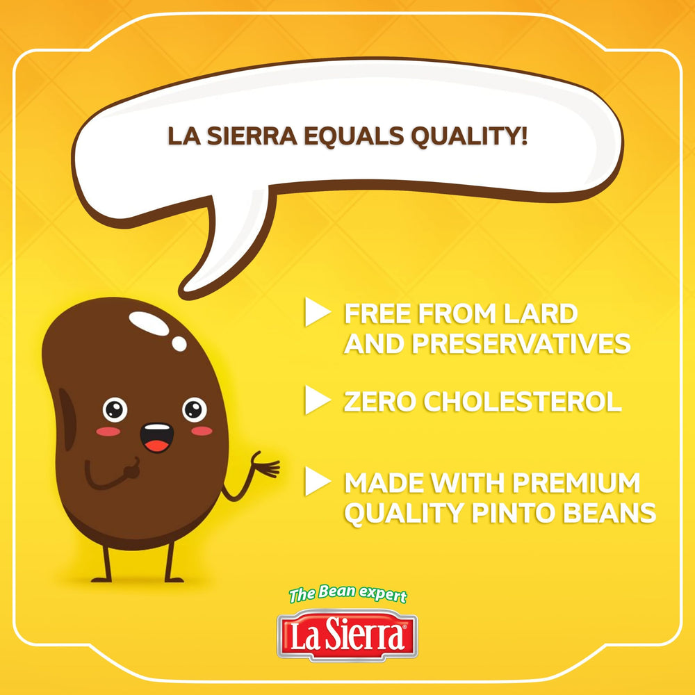 La Sierra Refried Pinto Beans chili dish highlights protein and fiber in a pot.
