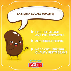 La Sierra Refried Pinto Beans chili dish highlights protein and fiber in a pot.