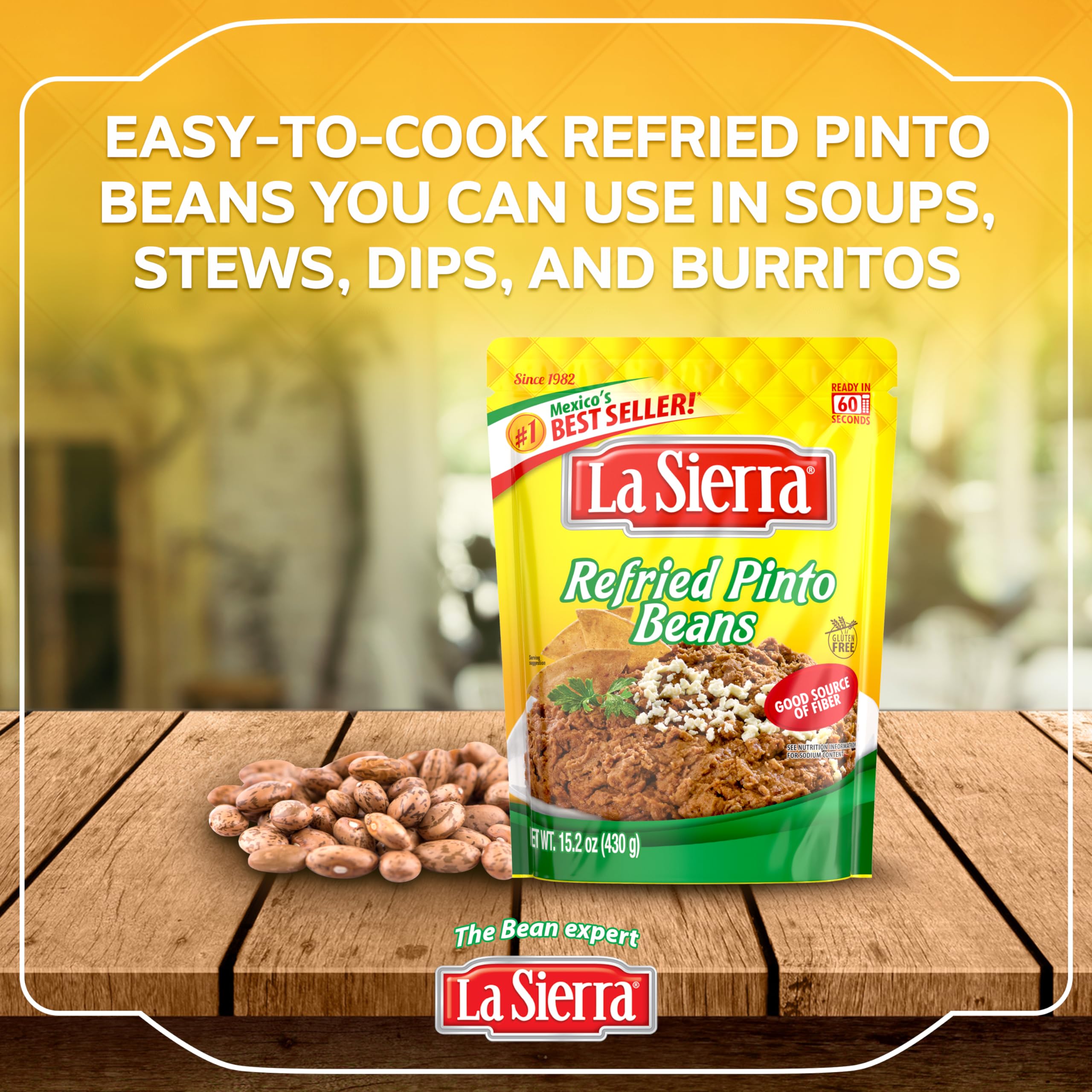 La Sierra Refried Pinto Beans label-pack photo highlights convenient, reclosable pouch.
