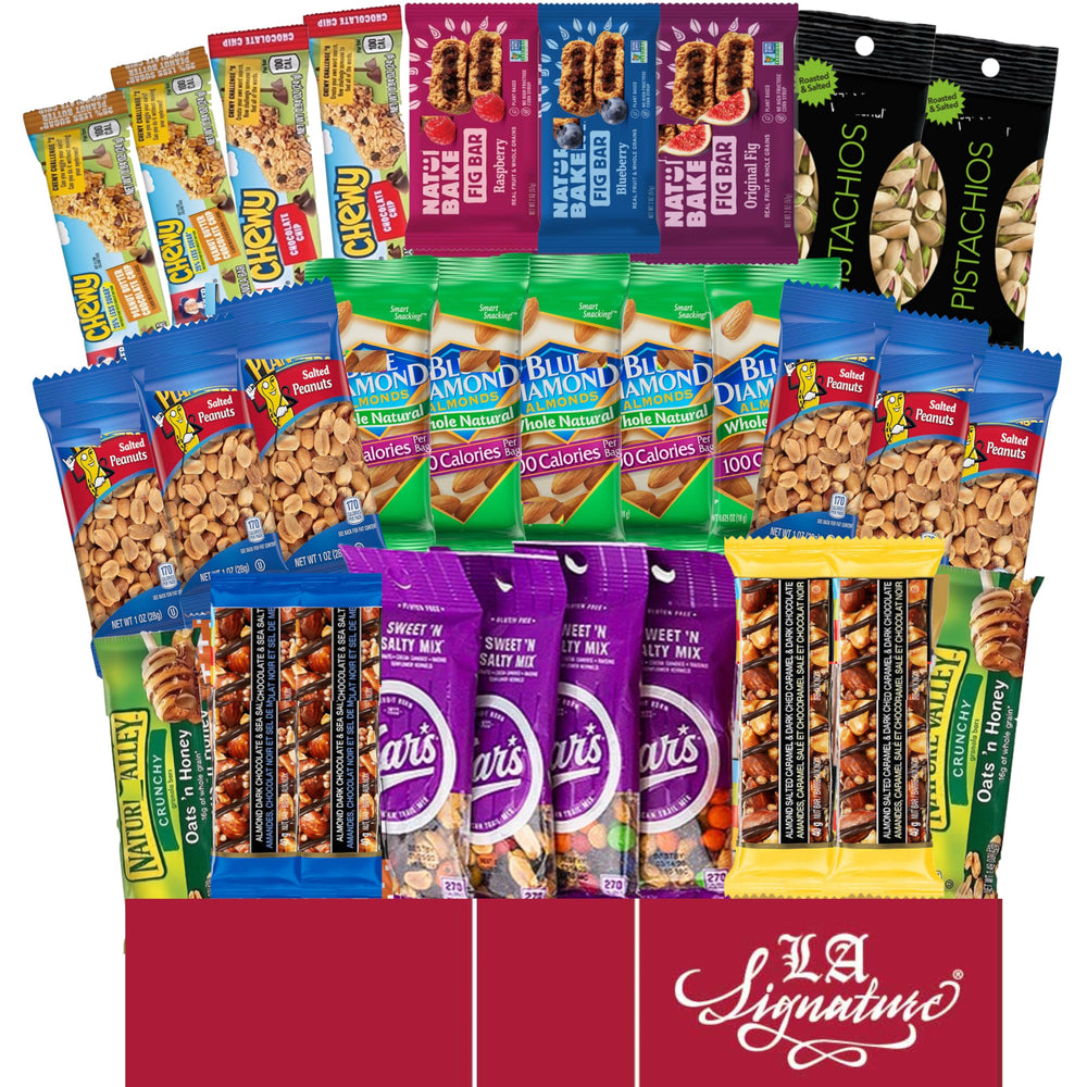 LA Signature healthy care package gift box with bars and nuts for on-the-go snacking.