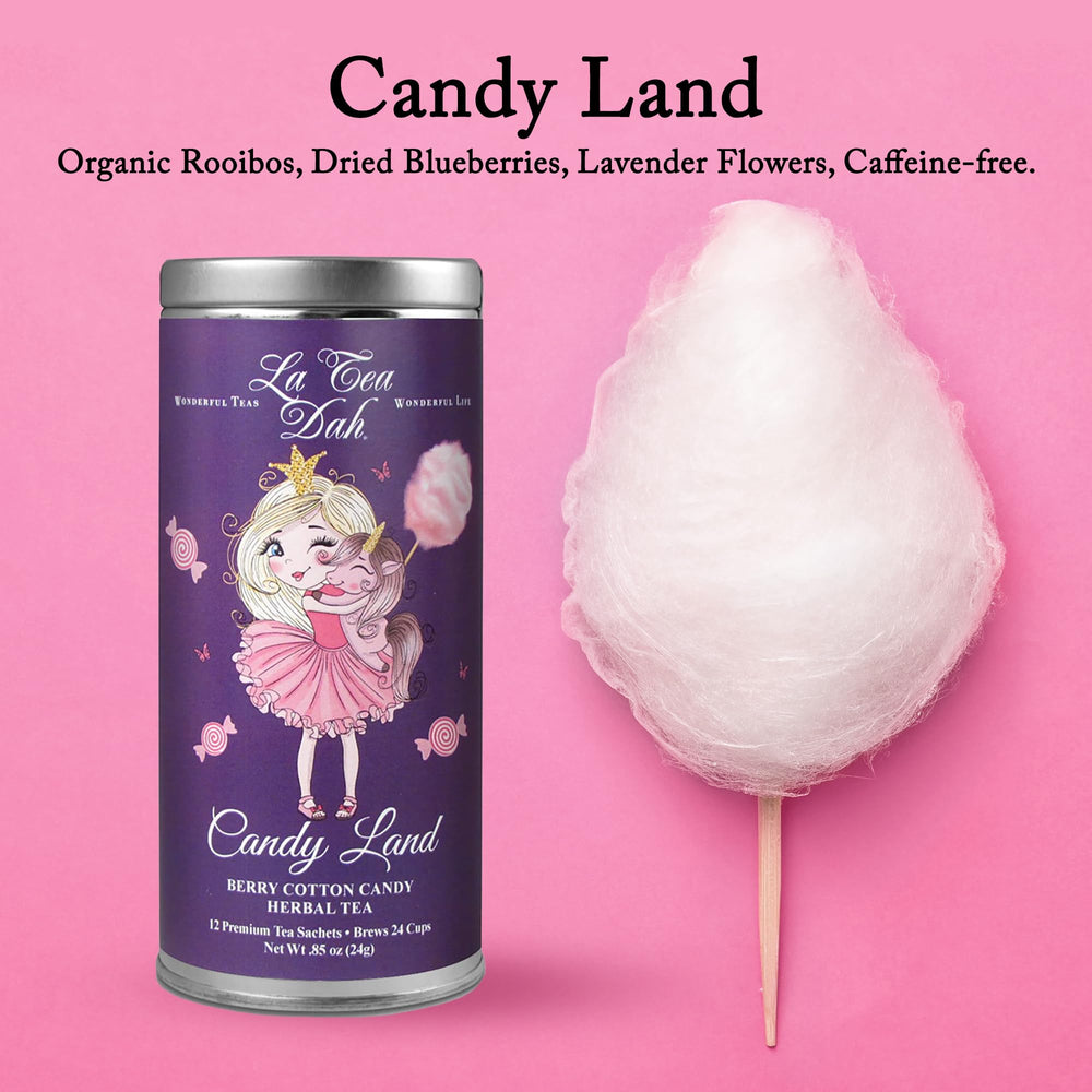 La Tea Dah Berry Cotton Candy sachets ready for caffeine-free kid-friendly infusions.