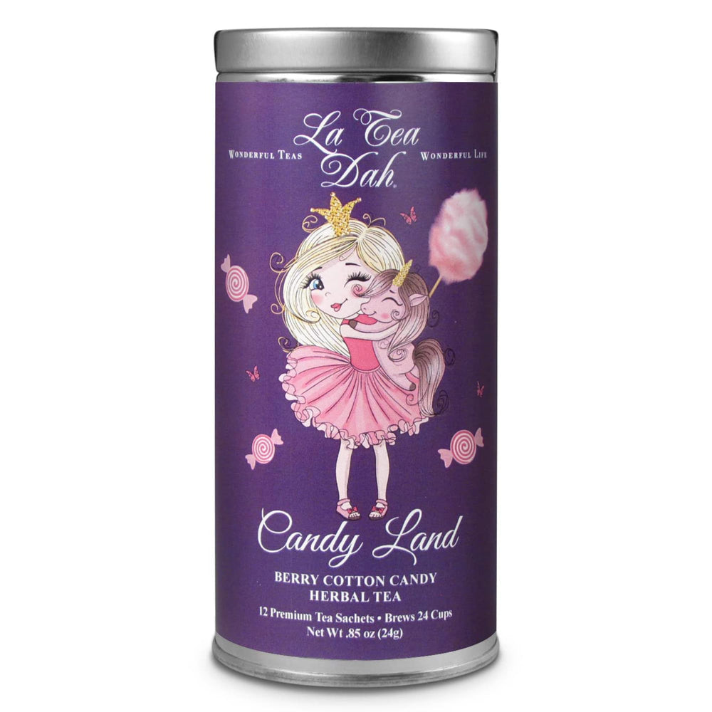 La Tea Dah Berry Cotton Candy tea tin with playful graphics for family tea time.