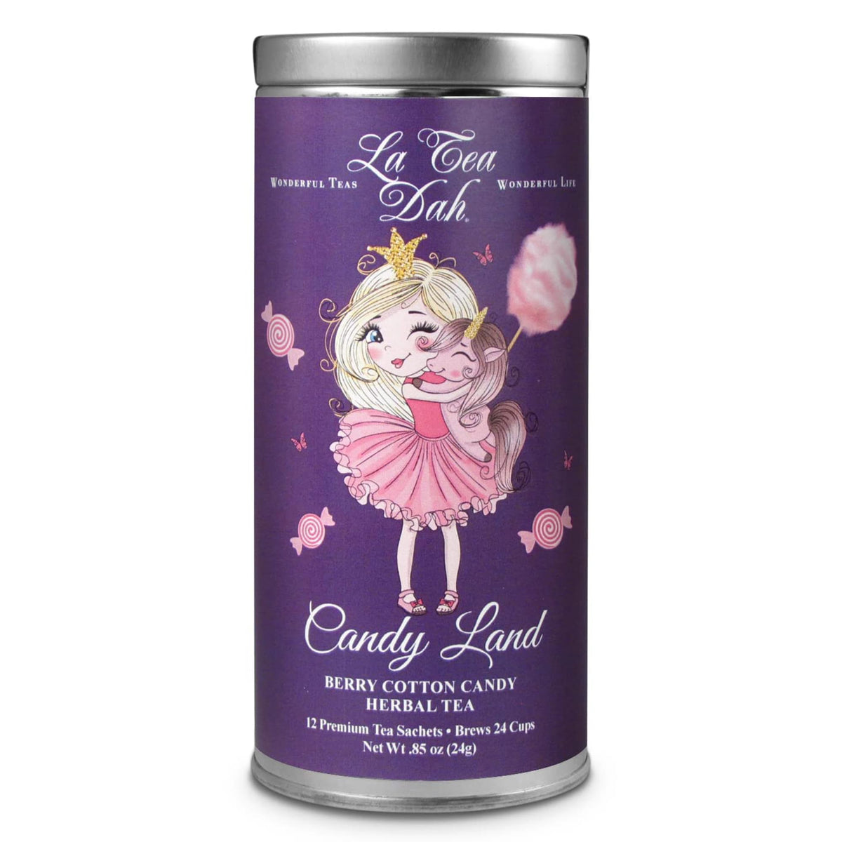La Tea Dah Berry Cotton Candy tea tin with playful graphics for family tea time.